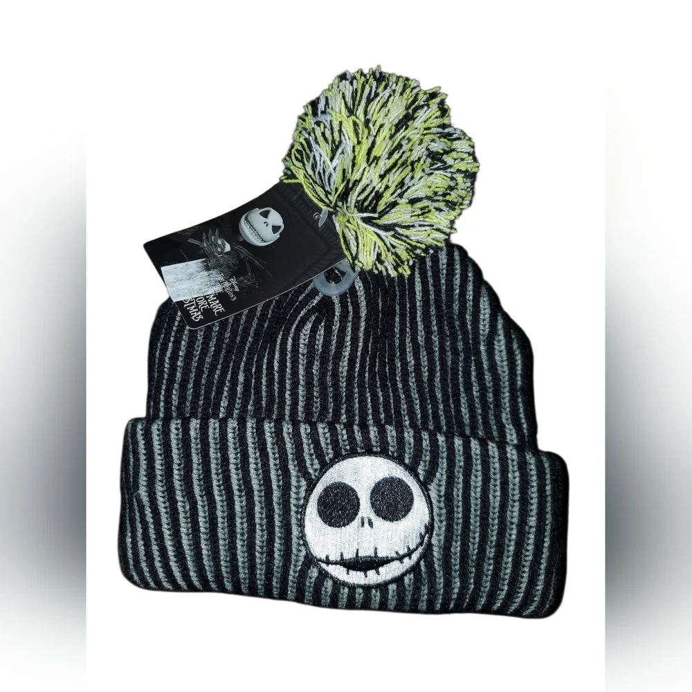 Disney Nightmare Before Christmas Beanie with Jack Design & Skull Pom-Pom NWT